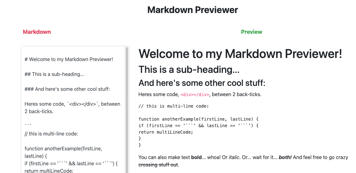 Markdown Previewer showing split view with input editor and live preview pane